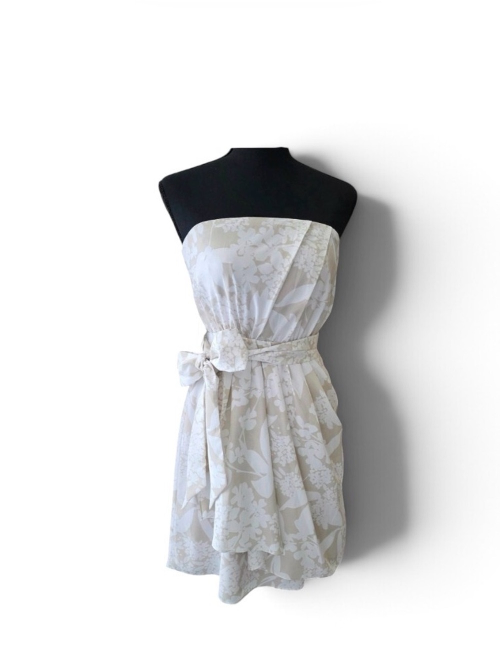 NEW Express Strapless SATIN Floral Tie-Waist RUFFLE Dress White & Cream SZ 8